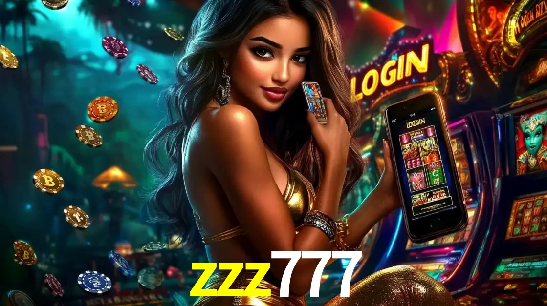 Mulher em um cenário de cassino temático de aventura, mostrando o app de caça-níqueis da zzz777 no celular. Fichas de apostas flutuam ao redor.