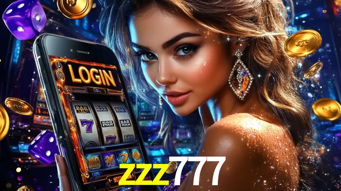 Mulher glamorosa segurando um smartphone com a tela de login para os jogos de caça-níqueis do cassino online zzz777, com moedas de ouro e dados ao redor.