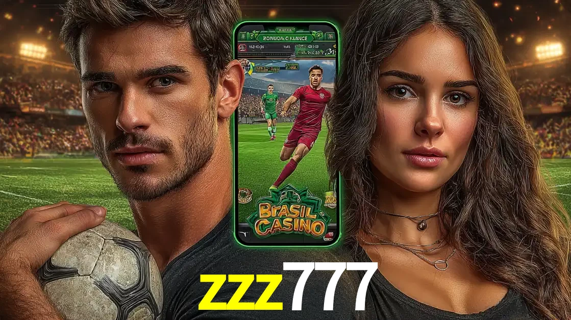 Homem segurando uma bola de futebol e uma mulher ao lado de um smartphone exibindo o jogo de apostas esportivas da zzz777. Faça seu palpite no cassino online.
